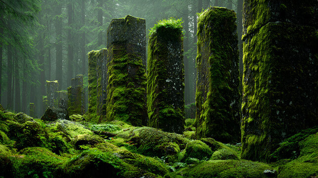 Moss covered stone pillars stand in a lush green forest with tall trees in the background on a foggy day