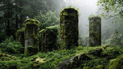 Moss covered stone pillars standing amongst lush green foliage in a misty forest landscape scene
