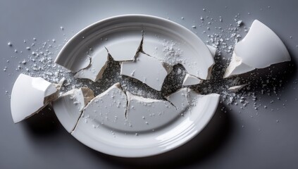 Shattered white oval plate, scattered fragments, fine powder