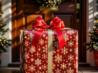 Huge, extravagant Christmas gift in front of  the door. Design for feature article illustrations, lifestyle magazines, editorial use, social media, blogs, christmas digital projects.