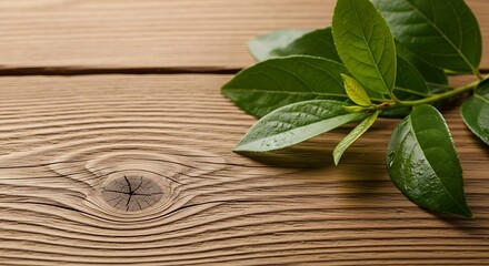Fresh Green Bay Leaves on Rustic Wood Background: Natural Spa, Wellness, and Herbal Product Concept.