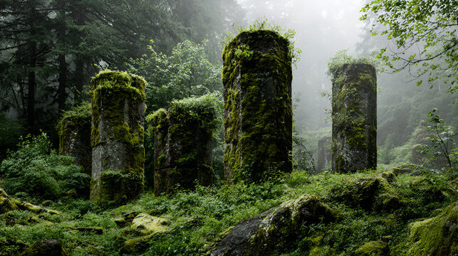 Moss covered stone pillars standing amongst lush green foliage in a misty forest landscape scene - Powered by Adobe
