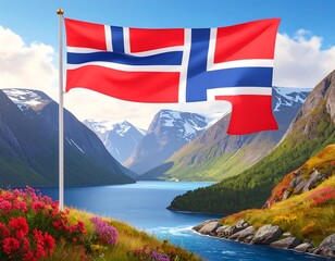 Norwegian flag waving over a scenic fjord