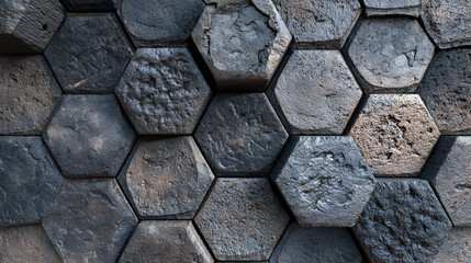 Close up of a textured wall made of dark gray hexagonal stone blocks stacked together tightly