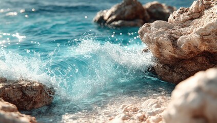 Azure waves crashing against light beige rocks
