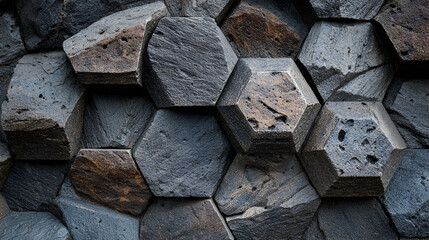 A close up of basalt columns showing hexagonal shapes and textured surfaces in shades of gray and brown