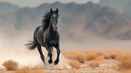 Majestic black horse gallops freely across a desert landscape under a vibrant sky