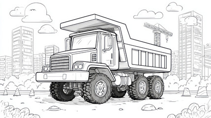 Construction Site Illustration: A detailed line drawing of a rugged dump truck, poised amidst a backdrop of an urban construction site, ready for heavy-duty work.