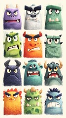Colorful cartoon monsters with varied expressions in a playful grid layout showcasing personality traits