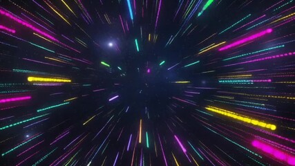 fast-moving light effect, resembling traveling through space at the speed of light or a time tunnel. Colorful neon lines (purple, pink, green, yellow) radiate from the point - Powered by Adobe