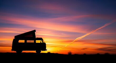Fototapeta premium Silhouetted against a canvas of fiery twilight hues, a classic recreational vehicle embodies the spirit of adventure, freedom, and the endless call of the open road