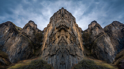 Symmetrical mountain peaks under a cloudy sky showcasing geological formations and rugged terrain