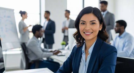 Professional asian woman smiling in modern office with diverse team business leadership and teamwork concept