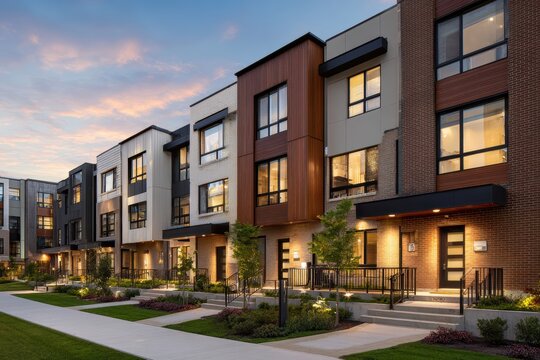 Townhouse row with varied facades and individual entrances showcasing diverse housing options concept for commercial real estate investment and residential property development.