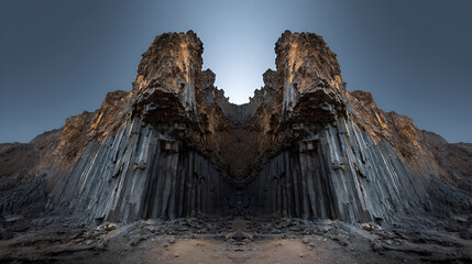 A symmetrical view of basalt columns forming a canyon under a pale blue sky with visible sunlight