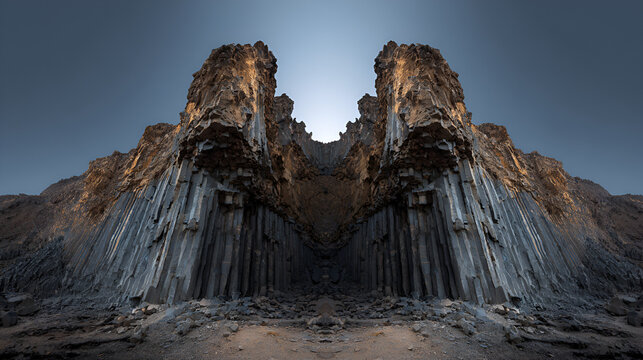 A symmetrical view of basalt columns forming a canyon under a pale blue sky with visible sunlight