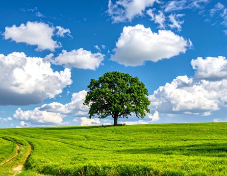 Lush green field with lone tree under a partly cloudy sky