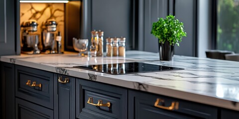 Modern kitchen with marble countertops and stylish appliances in a contemporary home interior