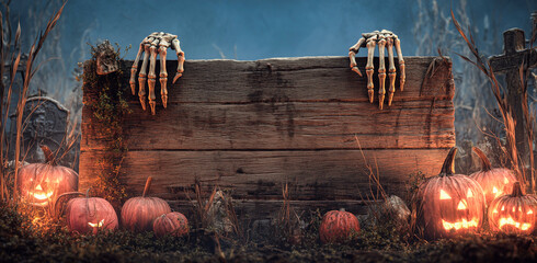 Wooden Sign with Skeleton Hands and Halloween Pumpkins in Graveyard with Full Moon and Dark Blue Sky Background