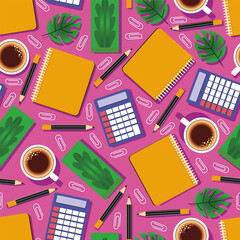 A repeating vector pattern features office supplies &mdash; pens, pencils, rulers, clips, erasers &mdash; arranged in a seamless, harmonious design creating an educational and functional decorative motif.