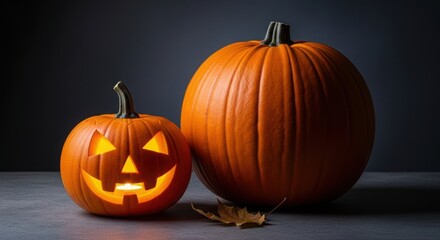 Two glowing jack o lanterns and a large pumpkin on a table
