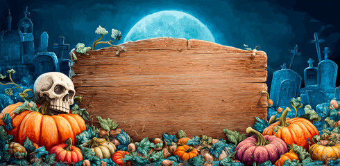 Aged wooden sign with white skull and colorful pumpkins against blue moonlit graveyard with tombstones and vines