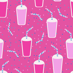 Smoothies in cups with striped straws, colorful confetti. Summer beverage pattern design for fabric, textile, poster, wrapping paper, children party theme.