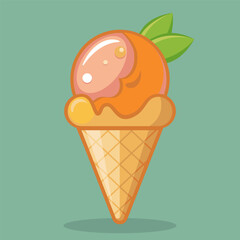 Orange ice cream with green leaves in a waffle cone on mint background. Sweet dessert for summer menu, snack, cafe.