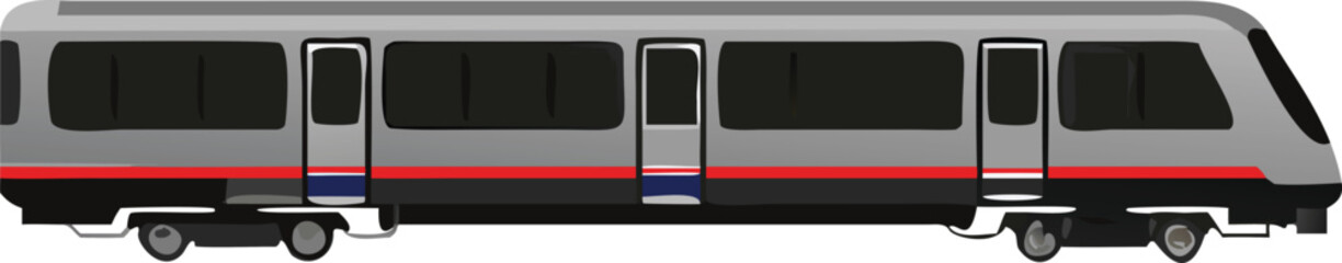 Modern commuter train vehicle with dark windows and red stripe subway urban