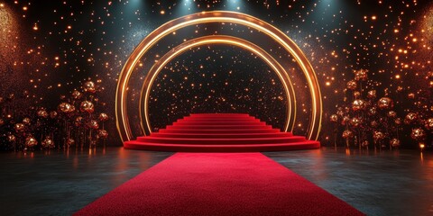 Grand entrance featuring a luxurious red carpet with sparkling lights and elegant decor for a prestigious event at night
