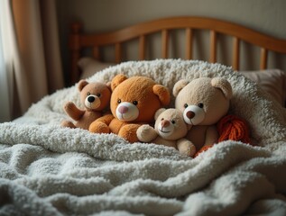 Cozy teddy bears resting on bed with blanket