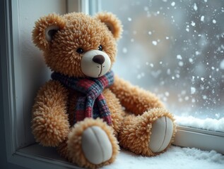 Fototapeta premium Teddy bear wearing scarf watching winter snow falling