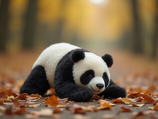 Fototapeta premium Panda toy playing on autumn leaves outdoors