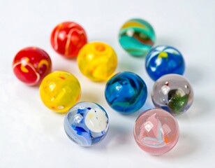 Colorful glass marbles arranged on white background