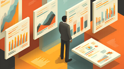 A man in a suit looking at floating charts and graphs in an abstract isometric presentation setting