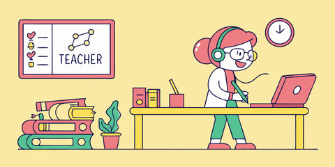 Cheerful teacher grading papers and working on laptop with headphones at her desk illustration