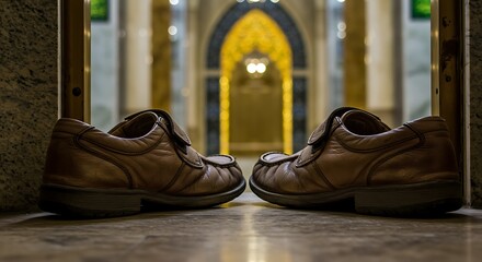 A Pair of Brown Leather Shoes Placed Facing Each Other in a Mosque Entrance.
