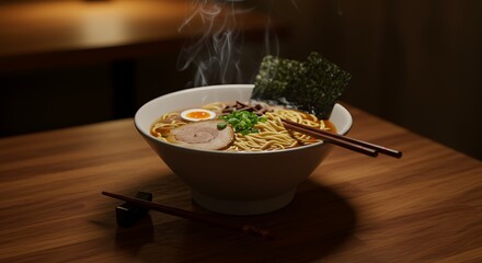 Artfully Composed Steaming Bowl of Japanese Ramen in a Warm Dimly Lit Restaurant.