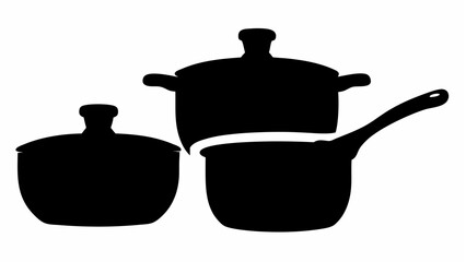 Obraz premium Silhouette illustration of a set of kitchen cookware including pots pans and lids in black and white color