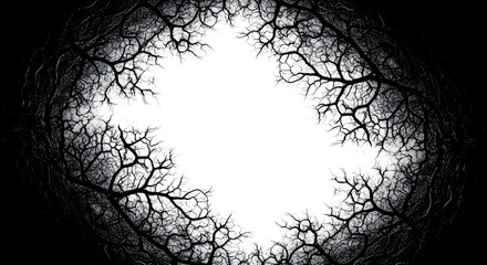 Abstract silhouette of gnarled branches against bright light