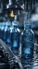 Efficient bottling process in a beverage production facility during the day with clear water filling glass containers