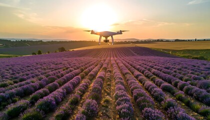 Drone over lavender field at sunset