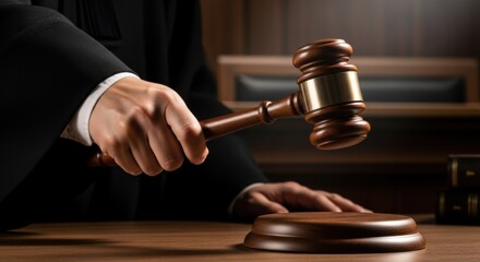 Judge's Hand Striking Gavel: Justice, Authority, and Finality in a Dramatic Courtroom Setting