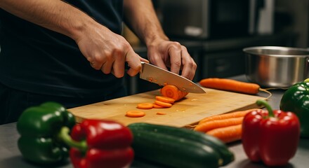 Chefs Hands Precisely Slicing Carrots on Wooden Board Vibrant Vegetables in Focus.