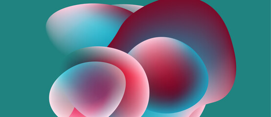 Abstract shapes overlap, creating vibrant color gradients. Teal background complements pinks, blues, purples. Smooth transitions define forms.