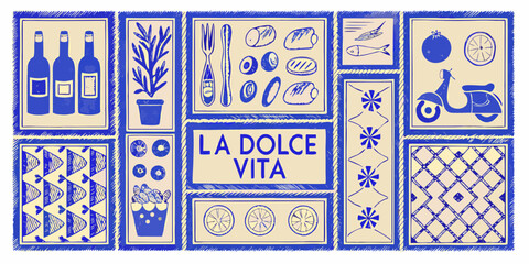 La dolce vita italian lifestyle collage featuring food wine scooter and decorative tiles © Anik