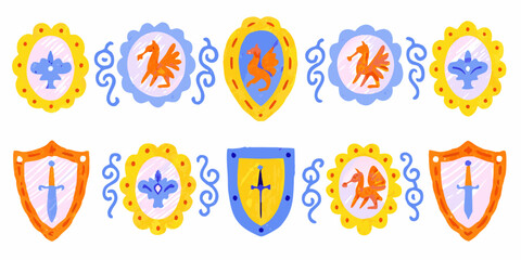 Whimsical hand drawn medieval border design with shields dragons and fleur de lis © Anik