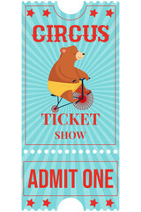 Vector illustration of a circus ticket with a bear on a bicycle, 