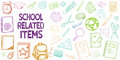 Collection of colorful hand drawn school supplies and stationery items scattered on a white background