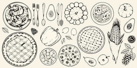 Hand drawn illustration of various food items including pies pizza shrimp corn vegetables and fruits